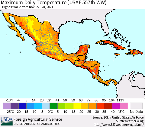 Mexico Central America and the Caribbean Maximum Daily Temperature (USAF 557th WW) Thematic Map For 11/22/2021 - 11/28/2021
