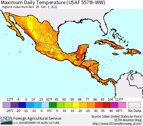 Mexico Central America and the Caribbean Maximum Daily Temperature (USAF 557th WW) Thematic Map For 11/29/2021 - 12/5/2021