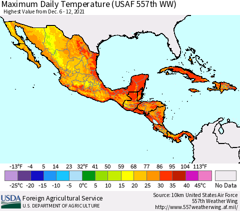 Mexico Central America and the Caribbean Maximum Daily Temperature (USAF 557th WW) Thematic Map For 12/6/2021 - 12/12/2021