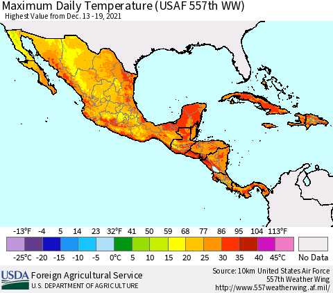 Mexico Central America and the Caribbean Maximum Daily Temperature (USAF 557th WW) Thematic Map For 12/13/2021 - 12/19/2021
