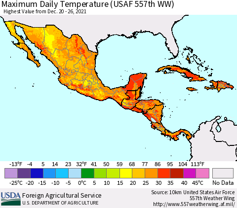 Mexico Central America and the Caribbean Maximum Daily Temperature (USAF 557th WW) Thematic Map For 12/20/2021 - 12/26/2021