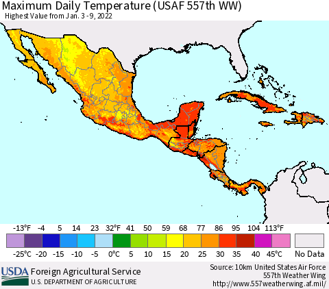 Mexico Central America and the Caribbean Maximum Daily Temperature (USAF 557th WW) Thematic Map For 1/3/2022 - 1/9/2022