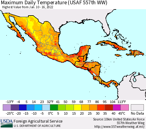 Mexico Central America and the Caribbean Maximum Daily Temperature (USAF 557th WW) Thematic Map For 1/10/2022 - 1/16/2022