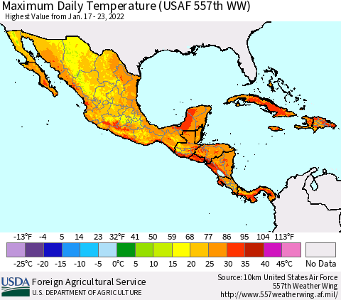 Mexico Central America and the Caribbean Maximum Daily Temperature (USAF 557th WW) Thematic Map For 1/17/2022 - 1/23/2022
