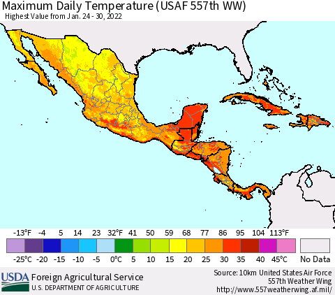 Mexico Central America and the Caribbean Maximum Daily Temperature (USAF 557th WW) Thematic Map For 1/24/2022 - 1/30/2022
