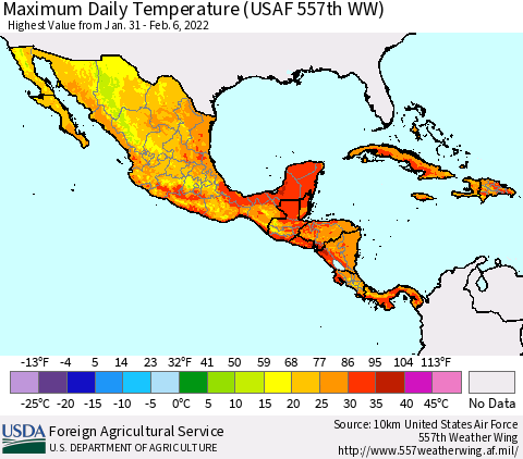 Mexico Central America and the Caribbean Maximum Daily Temperature (USAF 557th WW) Thematic Map For 1/31/2022 - 2/6/2022