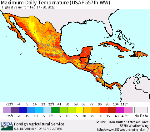 Mexico Central America and the Caribbean Maximum Daily Temperature (USAF 557th WW) Thematic Map For 2/14/2022 - 2/20/2022
