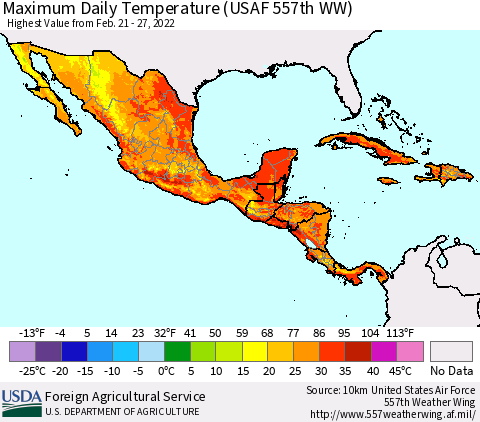 Mexico Central America and the Caribbean Maximum Daily Temperature (USAF 557th WW) Thematic Map For 2/21/2022 - 2/27/2022