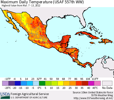 Mexico Central America and the Caribbean Maximum Daily Temperature (USAF 557th WW) Thematic Map For 3/7/2022 - 3/13/2022