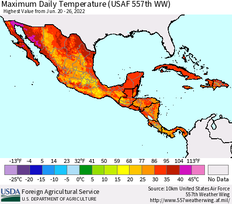 Mexico Central America and the Caribbean Maximum Daily Temperature (USAF 557th WW) Thematic Map For 6/20/2022 - 6/26/2022