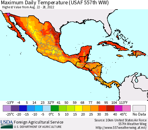 Mexico Central America and the Caribbean Maximum Daily Temperature (USAF 557th WW) Thematic Map For 8/22/2022 - 8/28/2022