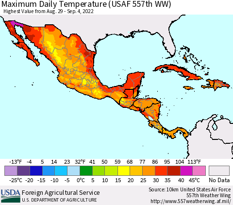 Mexico Central America and the Caribbean Maximum Daily Temperature (USAF 557th WW) Thematic Map For 8/29/2022 - 9/4/2022