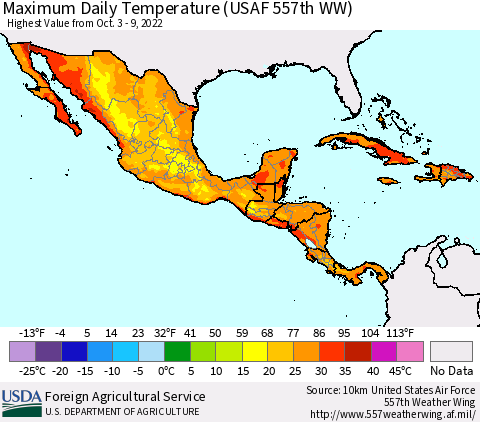 Mexico Central America and the Caribbean Maximum Daily Temperature (USAF 557th WW) Thematic Map For 10/3/2022 - 10/9/2022