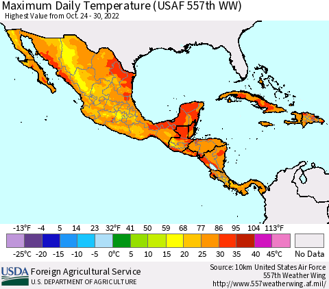 Mexico Central America and the Caribbean Maximum Daily Temperature (USAF 557th WW) Thematic Map For 10/24/2022 - 10/30/2022