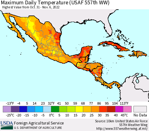 Mexico Central America and the Caribbean Maximum Daily Temperature (USAF 557th WW) Thematic Map For 10/31/2022 - 11/6/2022