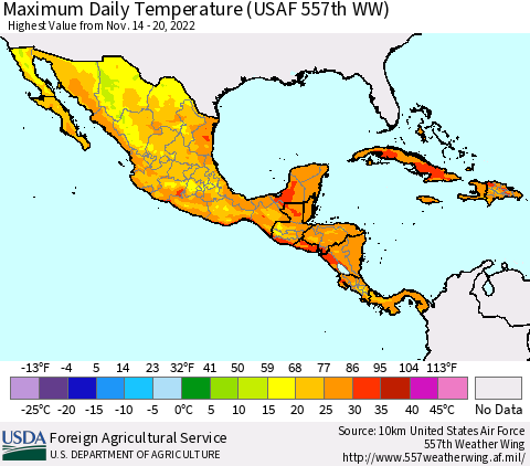 Mexico Central America and the Caribbean Maximum Daily Temperature (USAF 557th WW) Thematic Map For 11/14/2022 - 11/20/2022