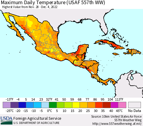 Mexico Central America and the Caribbean Maximum Daily Temperature (USAF 557th WW) Thematic Map For 11/28/2022 - 12/4/2022