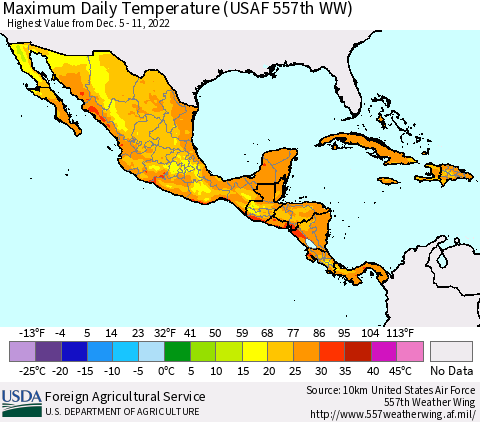 Mexico Central America and the Caribbean Maximum Daily Temperature (USAF 557th WW) Thematic Map For 12/5/2022 - 12/11/2022