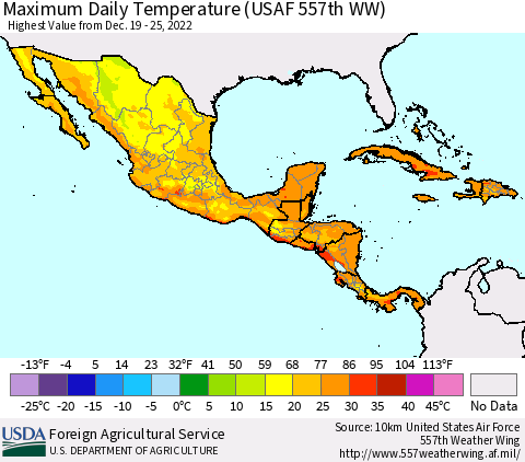 Mexico Central America and the Caribbean Maximum Daily Temperature (USAF 557th WW) Thematic Map For 12/19/2022 - 12/25/2022