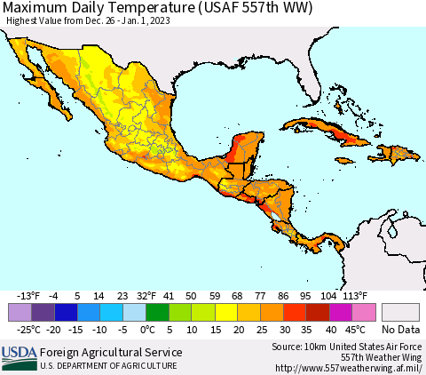 Mexico Central America and the Caribbean Maximum Daily Temperature (USAF 557th WW) Thematic Map For 12/26/2022 - 1/1/2023