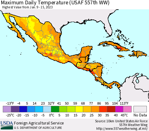 Mexico Central America and the Caribbean Maximum Daily Temperature (USAF 557th WW) Thematic Map For 1/9/2023 - 1/15/2023
