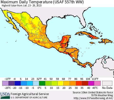 Mexico Central America and the Caribbean Maximum Daily Temperature (USAF 557th WW) Thematic Map For 1/23/2023 - 1/29/2023