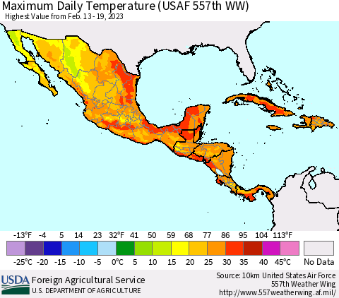 Mexico Central America and the Caribbean Maximum Daily Temperature (USAF 557th WW) Thematic Map For 2/13/2023 - 2/19/2023