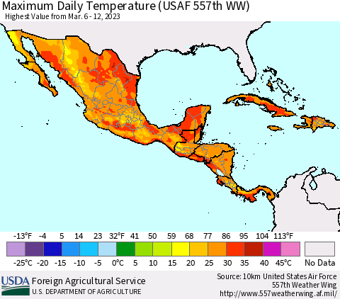 Mexico Central America and the Caribbean Maximum Daily Temperature (USAF 557th WW) Thematic Map For 3/6/2023 - 3/12/2023