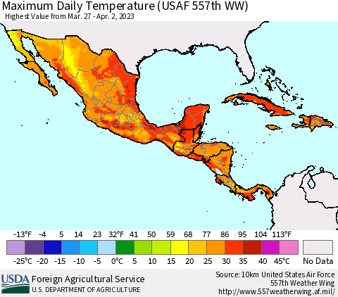 Mexico Central America and the Caribbean Maximum Daily Temperature (USAF 557th WW) Thematic Map For 3/27/2023 - 4/2/2023