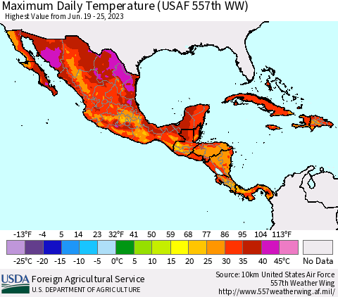 Mexico Central America and the Caribbean Maximum Daily Temperature (USAF 557th WW) Thematic Map For 6/19/2023 - 6/25/2023