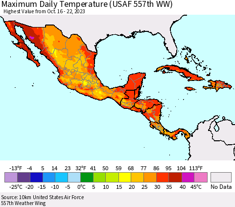Mexico Central America and the Caribbean Maximum Daily Temperature (USAF 557th WW) Thematic Map For 10/16/2023 - 10/22/2023