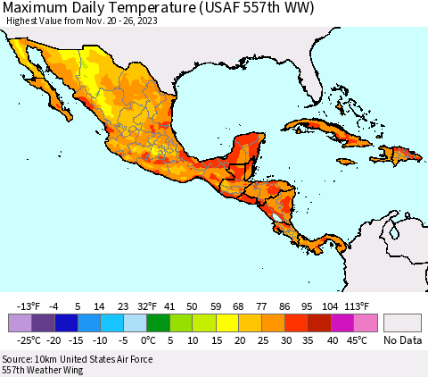 Mexico Central America and the Caribbean Maximum Daily Temperature (USAF 557th WW) Thematic Map For 11/20/2023 - 11/26/2023