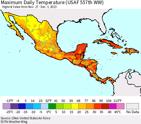 Mexico Central America and the Caribbean Maximum Daily Temperature (USAF 557th WW) Thematic Map For 11/27/2023 - 12/3/2023