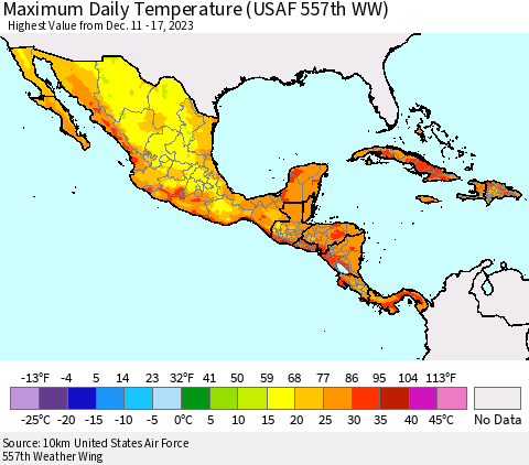 Mexico Central America and the Caribbean Maximum Daily Temperature (USAF 557th WW) Thematic Map For 12/11/2023 - 12/17/2023