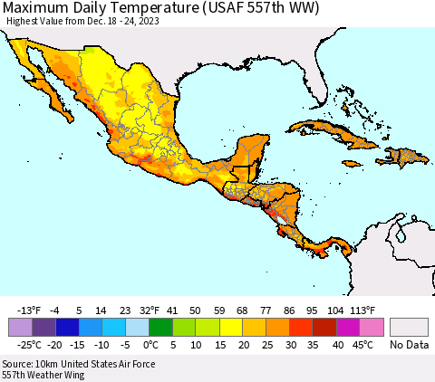 Mexico Central America and the Caribbean Maximum Daily Temperature (USAF 557th WW) Thematic Map For 12/18/2023 - 12/24/2023