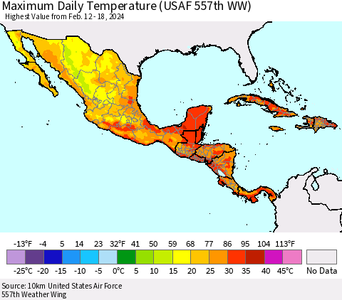 Mexico Central America and the Caribbean Maximum Daily Temperature (USAF 557th WW) Thematic Map For 2/12/2024 - 2/18/2024