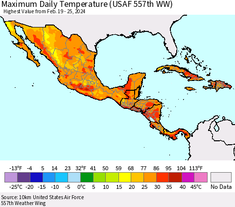 Mexico Central America and the Caribbean Maximum Daily Temperature (USAF 557th WW) Thematic Map For 2/19/2024 - 2/25/2024