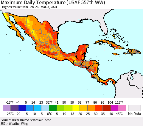Mexico Central America and the Caribbean Maximum Daily Temperature (USAF 557th WW) Thematic Map For 2/26/2024 - 3/3/2024