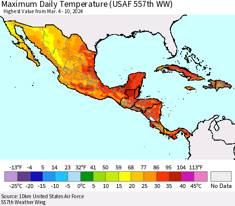 Mexico Central America and the Caribbean Maximum Daily Temperature (USAF 557th WW) Thematic Map For 3/4/2024 - 3/10/2024