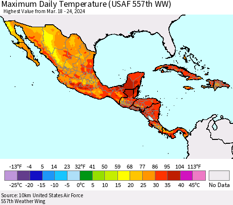 Mexico Central America and the Caribbean Maximum Daily Temperature (USAF 557th WW) Thematic Map For 3/18/2024 - 3/24/2024