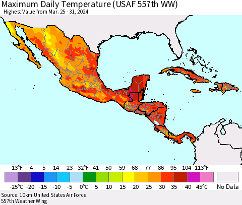 Mexico Central America and the Caribbean Maximum Daily Temperature (USAF 557th WW) Thematic Map For 3/25/2024 - 3/31/2024