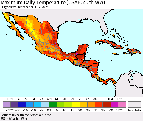 Mexico Central America and the Caribbean Maximum Daily Temperature (USAF 557th WW) Thematic Map For 4/1/2024 - 4/7/2024