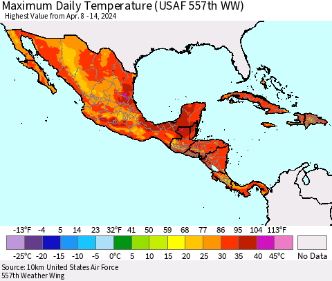Mexico Central America and the Caribbean Maximum Daily Temperature (USAF 557th WW) Thematic Map For 4/8/2024 - 4/14/2024