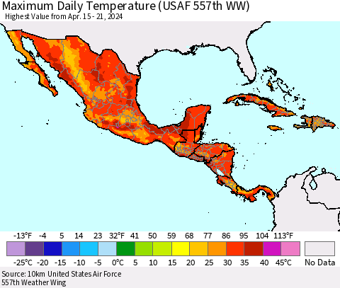 Mexico Central America and the Caribbean Maximum Daily Temperature (USAF 557th WW) Thematic Map For 4/15/2024 - 4/21/2024