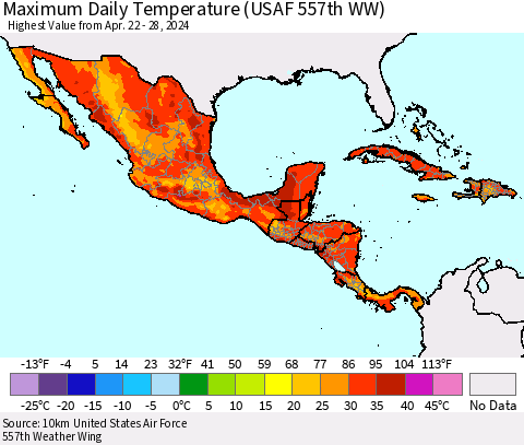 Mexico Central America and the Caribbean Maximum Daily Temperature (USAF 557th WW) Thematic Map For 4/22/2024 - 4/28/2024