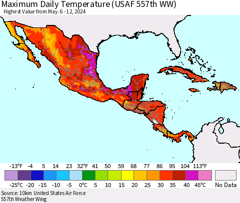 Mexico Central America and the Caribbean Maximum Daily Temperature (USAF 557th WW) Thematic Map For 5/6/2024 - 5/12/2024