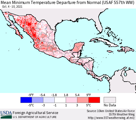 Mexico Central America and the Caribbean Mean Minimum Temperature Departure from Normal (USAF 557th WW) Thematic Map For 10/4/2021 - 10/10/2021