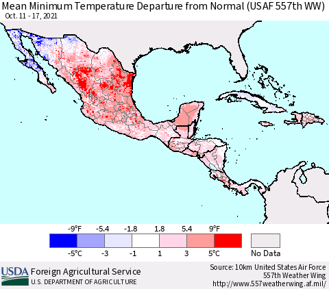 Mexico Central America and the Caribbean Mean Minimum Temperature Departure from Normal (USAF 557th WW) Thematic Map For 10/11/2021 - 10/17/2021