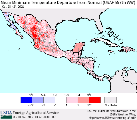 Mexico Central America and the Caribbean Mean Minimum Temperature Departure from Normal (USAF 557th WW) Thematic Map For 10/18/2021 - 10/24/2021