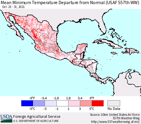 Mexico Central America and the Caribbean Mean Minimum Temperature Departure from Normal (USAF 557th WW) Thematic Map For 10/25/2021 - 10/31/2021